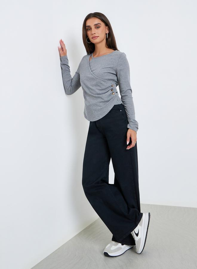 Styli Women Grey Asymmetric Long Sleeve Top - Image 2